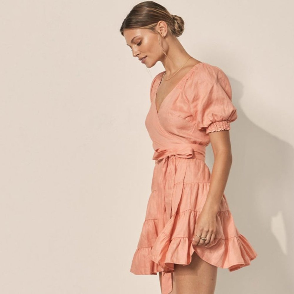 Kivari Magnolia Wrap Mini Dress in Pink Salt Linen Puff Sleeve Tiered AU 10/US 6